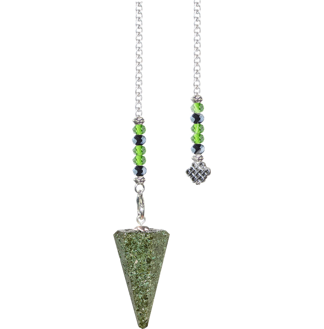 An hexagonal shaped epidote pendulum with a beaded chain ending with a celtic knot medallion.