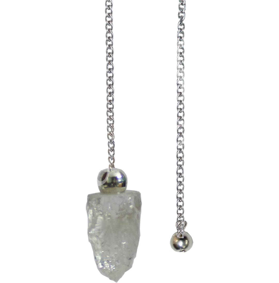 A natural crystal quartz pendulum with a plain chain.