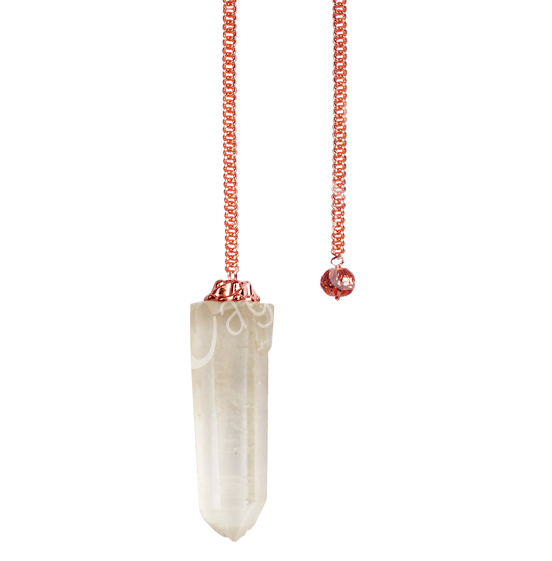 A natural crystal quartz pendulum with a copper chain.