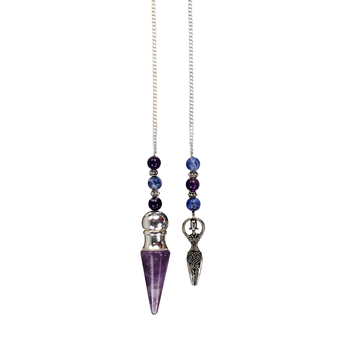 Pendulum Amethyst Chamber Point w Goddess & Beads 12-13″L