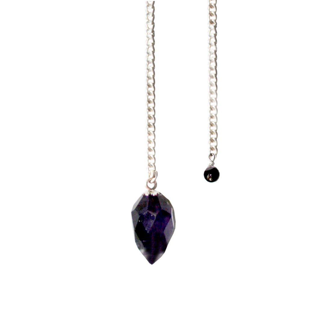 A faceted Amethyst teardrop pendulum with a plain silver chain.