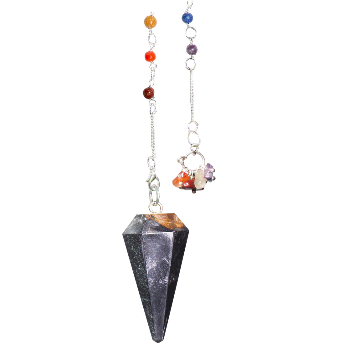 Pendulum Hexagonal Blue Tiger Eye Point with Chakra Chain 10.5-11"L