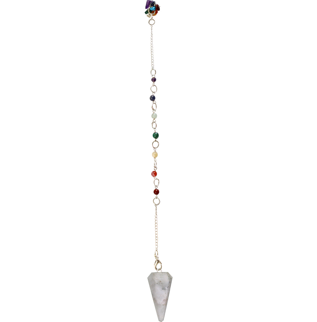 Pendulum Hexagonal Rainbow Moonstone Point with Chakra Chain 10.5-11"L
