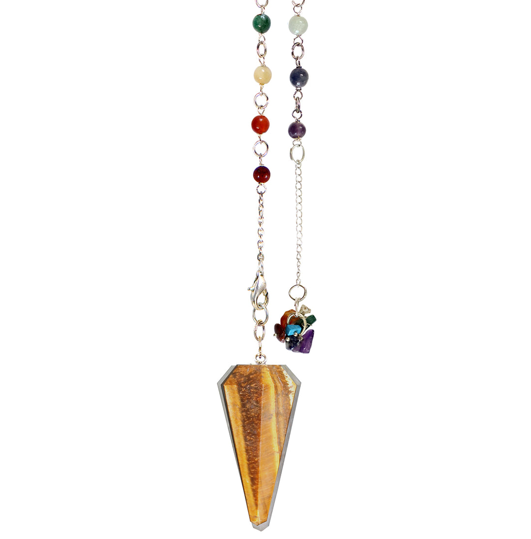 Pendulum Hexagonal Tiger Eye Point with Chakra Chain 10.5-11"L