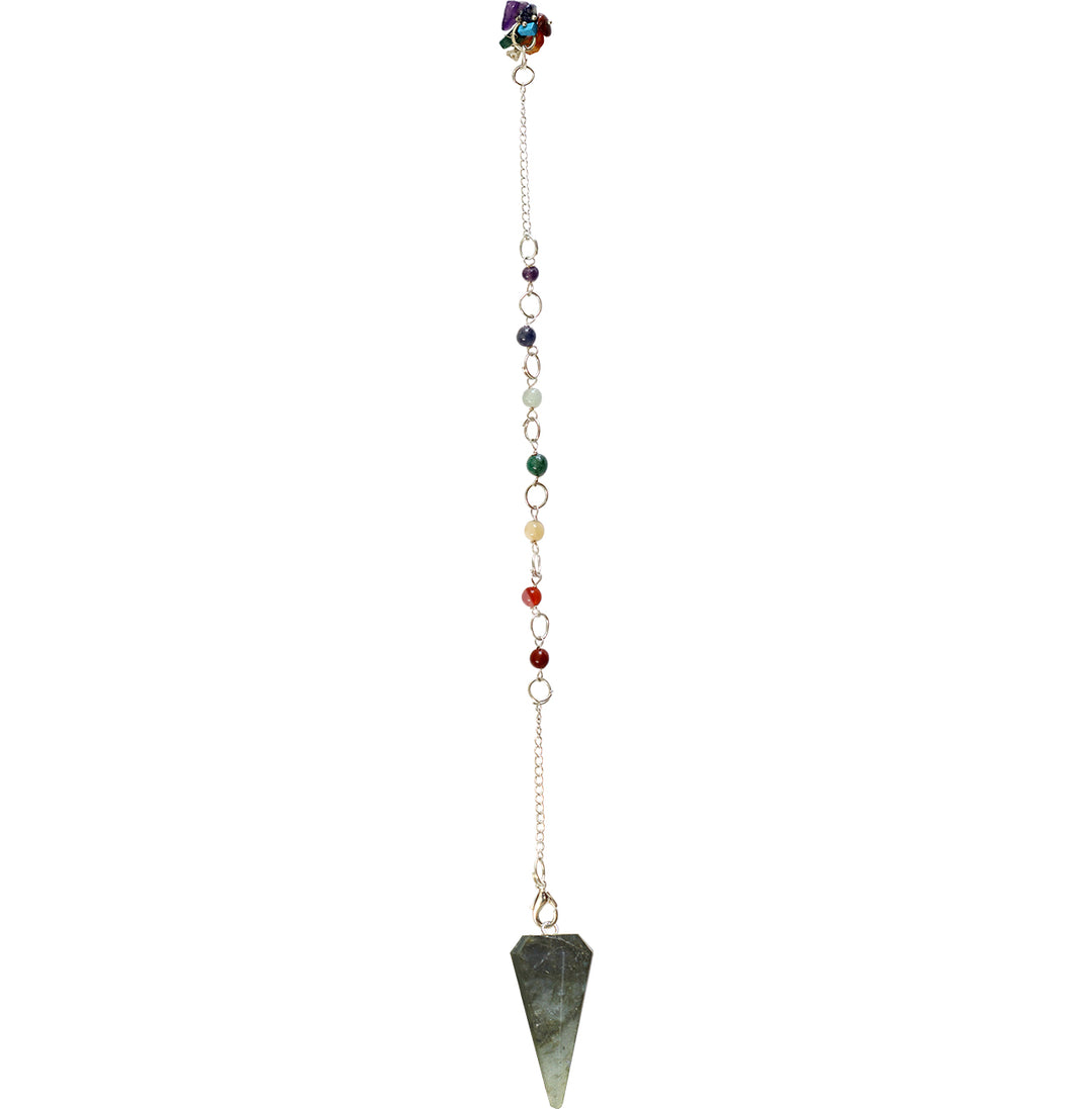An hexagonal Labradorite pendulum with a chakra chain.