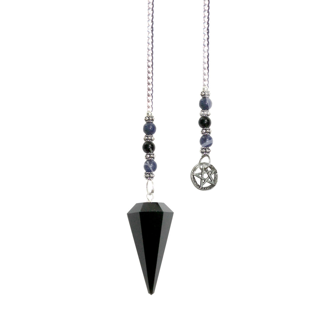 Pendulum Hexagonal Black Obsidian w Pentacle Beaded Chain 11"L