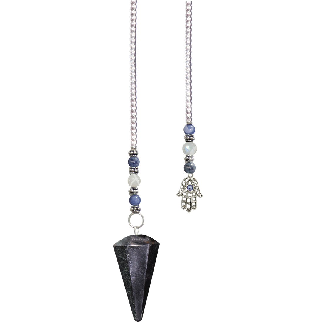 An hexagonal blue tiger eye pendulum with a chain and a hand of fatima charm.