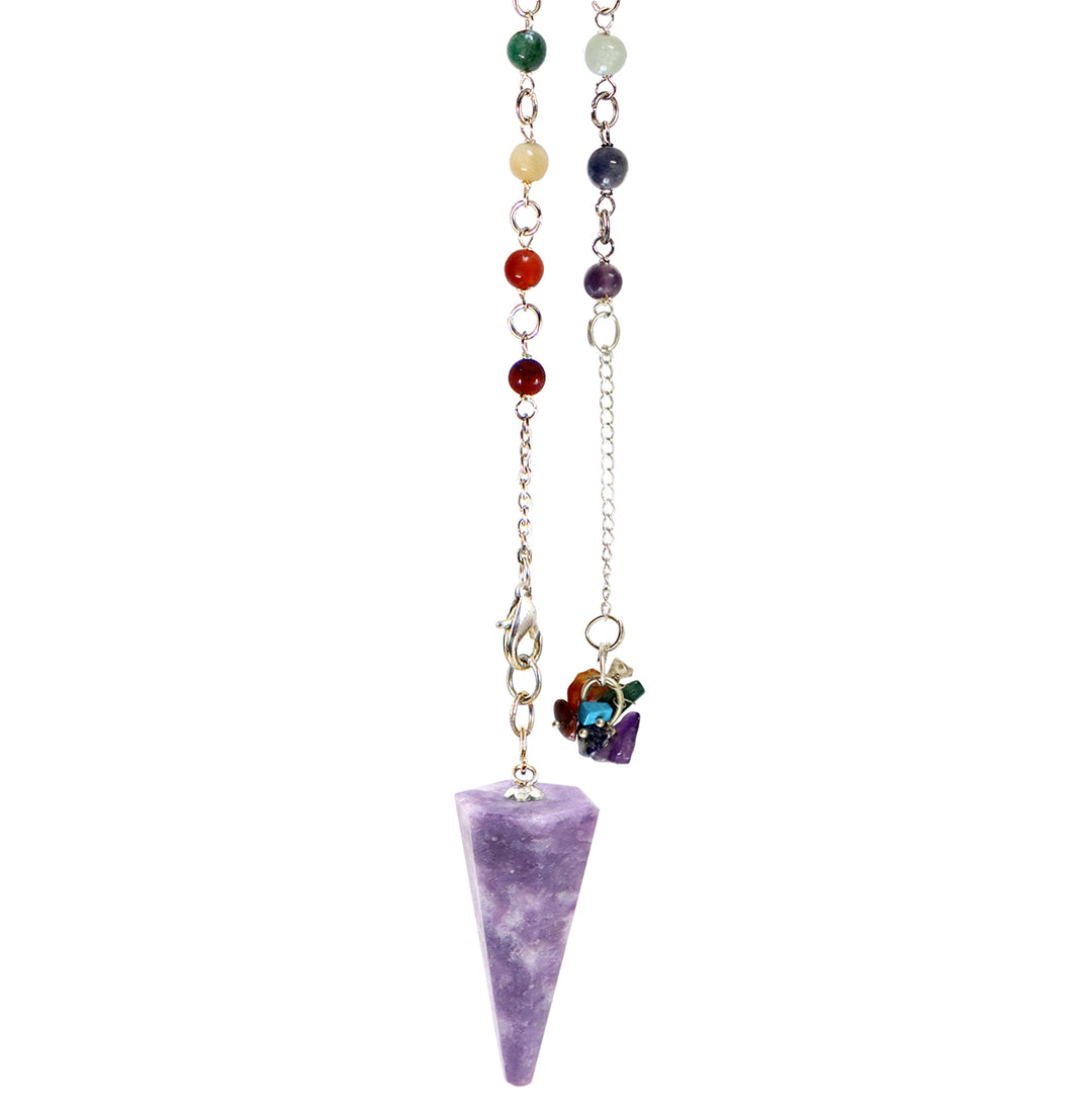 Pendulum Hexagonal Lepidolite with Chakra Chain 10.5-11.5″L