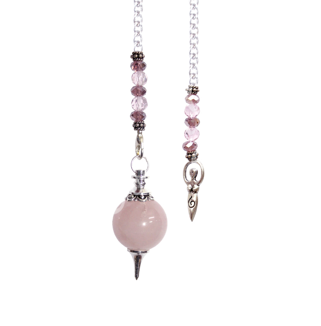 Silver pendulum with a rose quartz spherical stone and a pointed metal tip, suspended from a silver chain and pink beads with a goddess charm at the end.