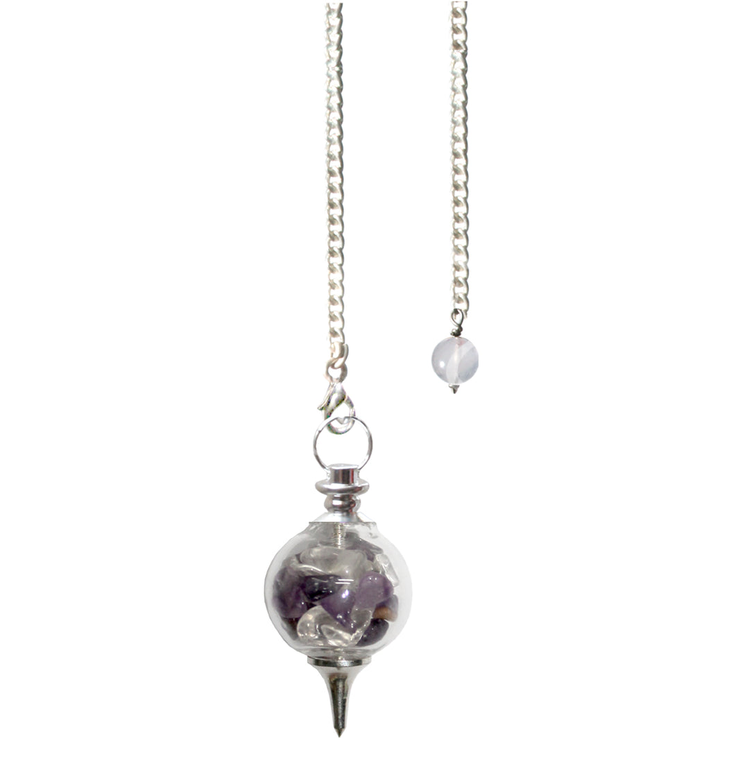 Silver pendulum with a spherical clear chamber filled with amethyst & crystal quartz chips, finished with a pointed metal tip and suspended from a silver chain with a small round bead at the end.
