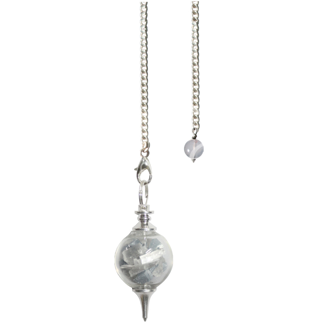 Pendulum Glass Ball Guidance Angelite & Selenite Chips 9″L
