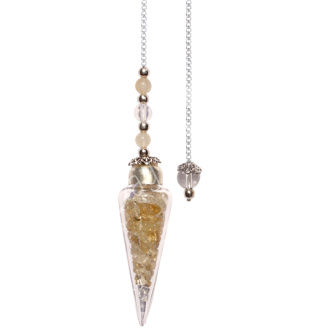 Teardrop-shaped pendulum with a clear chamber filled with citrine chips, accented by silver-tone with yellow and transparent beads along the chain, and a round transparent bead with a decorative cap at the chain's end.
