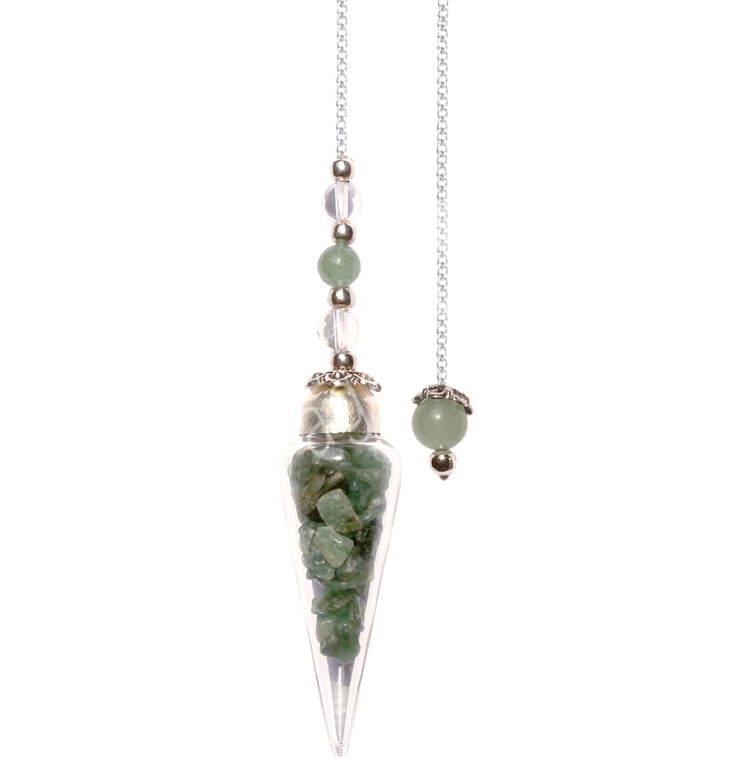 Teardrop-shaped pendulum with a clear chamber filled with green aventurine chips, accented by silver-tone with transparent and green beads along the chain, and a round green bead with a decorative cap at the chain's end.
