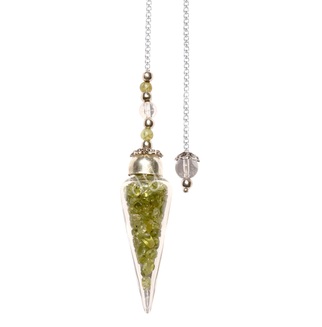 Teardrop-shaped pendulum with a clear chamber filled with peridot chips, accented by silver-tone with green and transparent beads along the chain, and a round transparent bead with a decorative cap at the chain's end.
