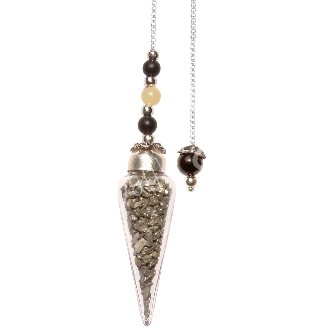 Teardrop-shaped pendulum with a clear chamber filled with pyrite chips, accented by silver-tone with black and yellow beads along the chain, and a round black bead with a decorative cap at the chain's end.