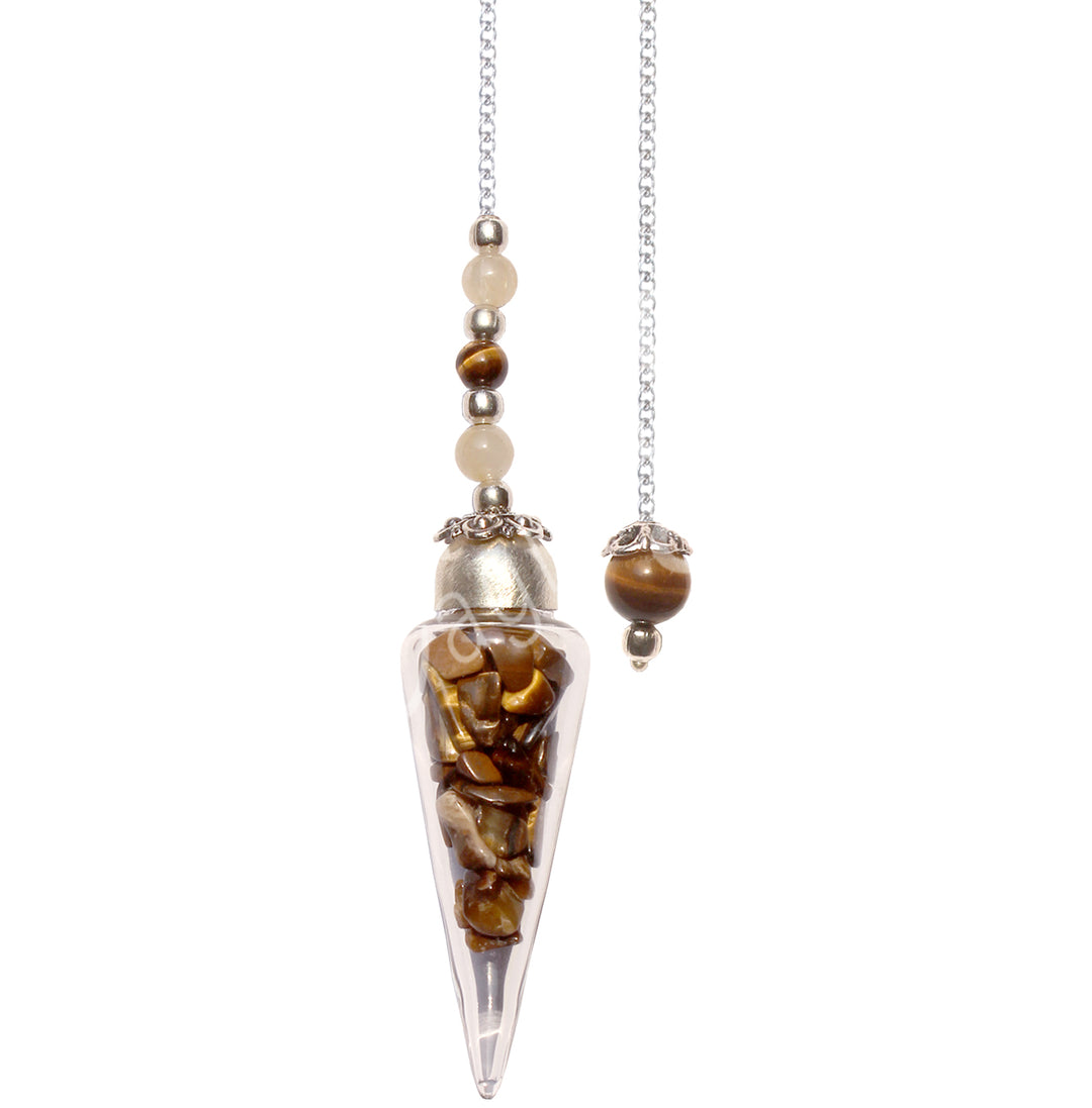 A teardrop-shaped pendulum with a clear chamber filled with tiger-eye chips, accented by silver-tone and brown beads along the chain, and a round brown bead with a decorative cap at the chain's end.