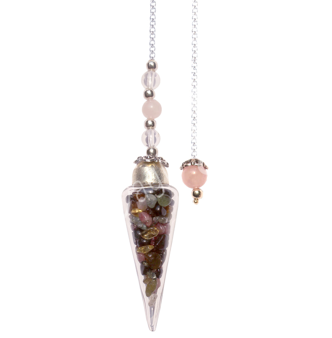 Pendulum Glass Teardrop Rainbow Tourmaline Chips 11"L