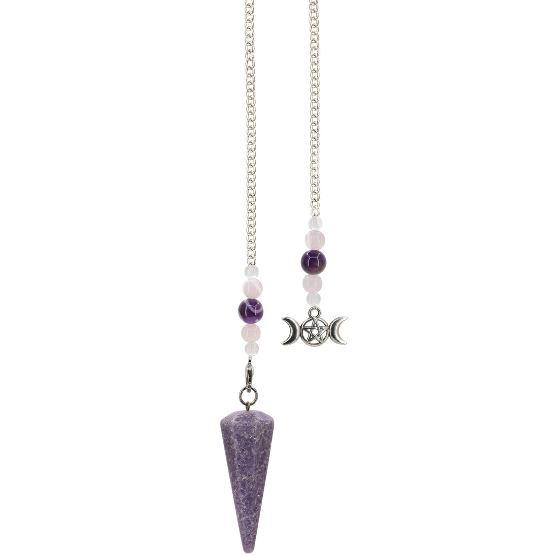 Pendulum Hexagonal Lepidolite with Triple Moon Medallion 12-12.5″L