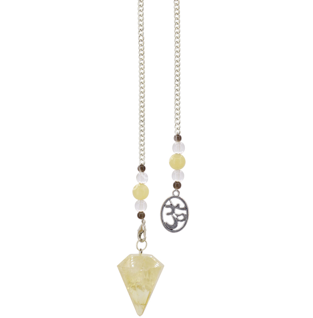 A silver chain pendulum featuring a hexagonal Citrine point with smaller beads and an OM medallion at the end.