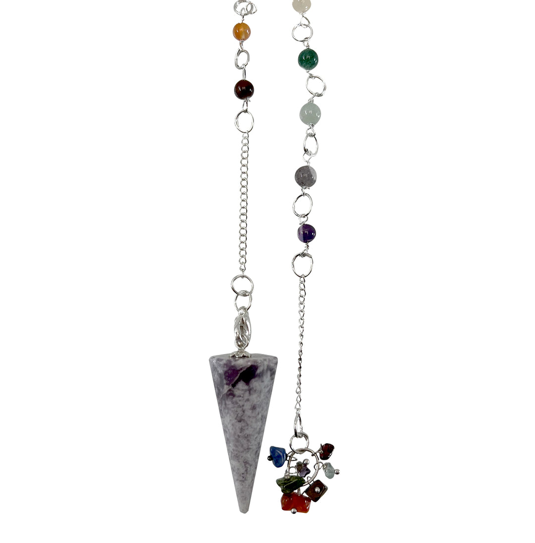 A Lepidolite pendulum in point with a chakra chain consisting of multiple colored beads.
