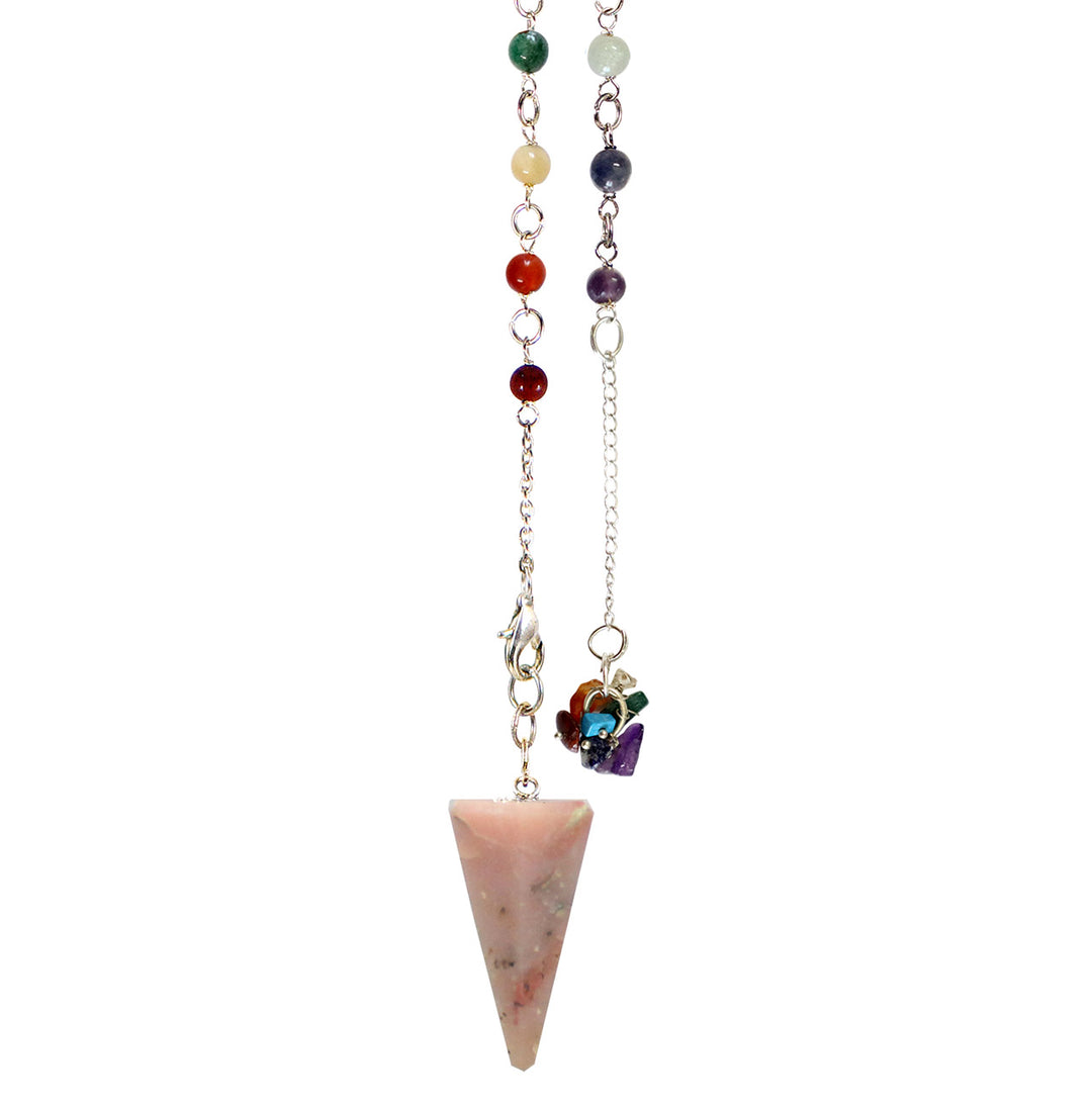 A pink opal point with a chakra chain.