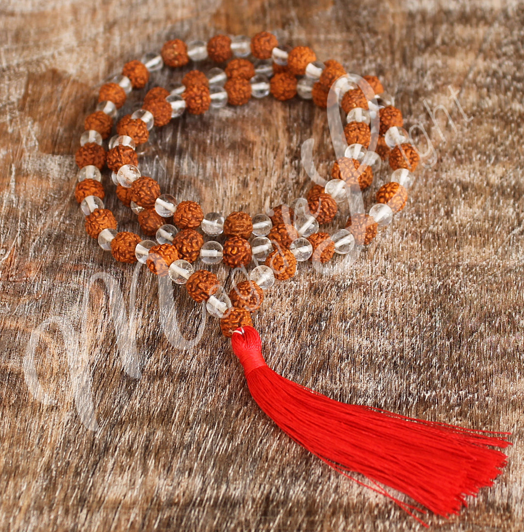 Japamala Rudraksha & Crystal Quartz 19-20″L