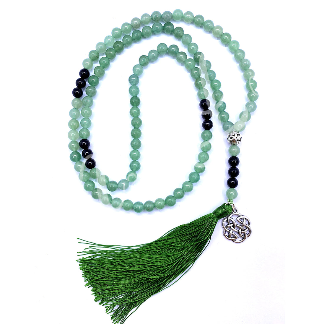 Japamala Green Aventurine & Black Onyx with Celtic Knot Charm 33-37"L