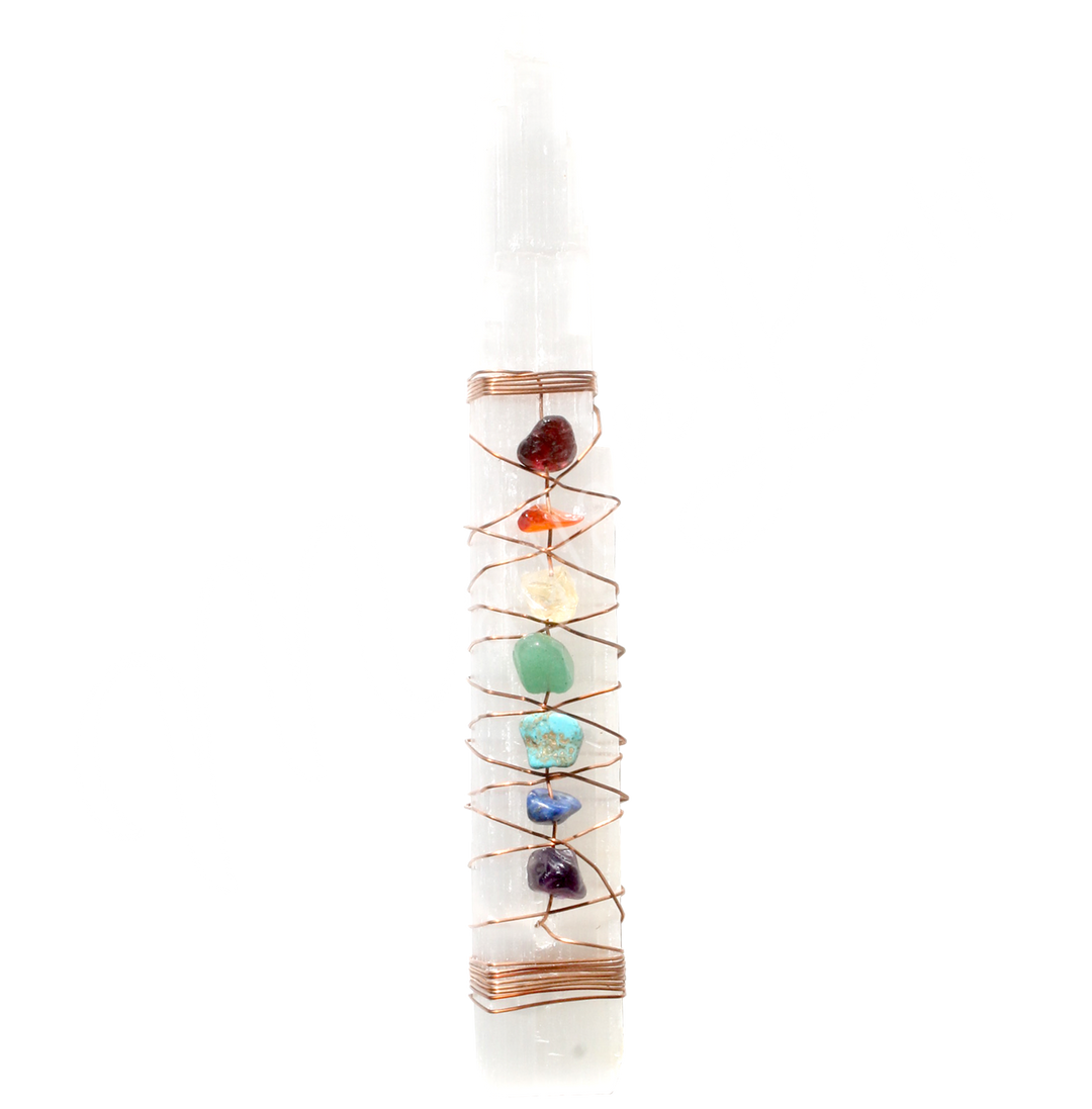 Healing Wand Selenite w Chakra & Copper Wire 6"