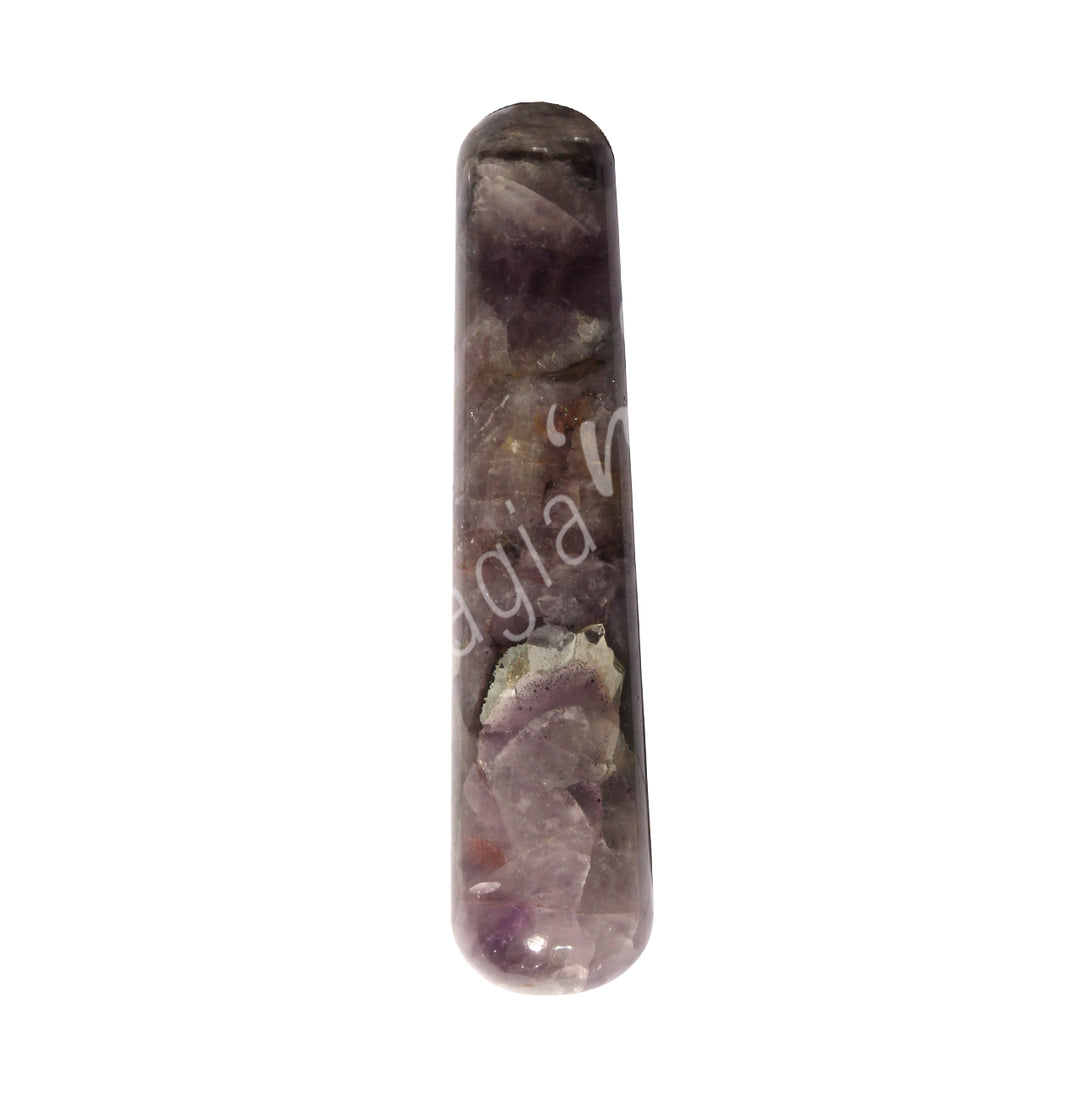 Polished amethyst massager, ideal for reflexology, acupressure, or crystal healing therapy.