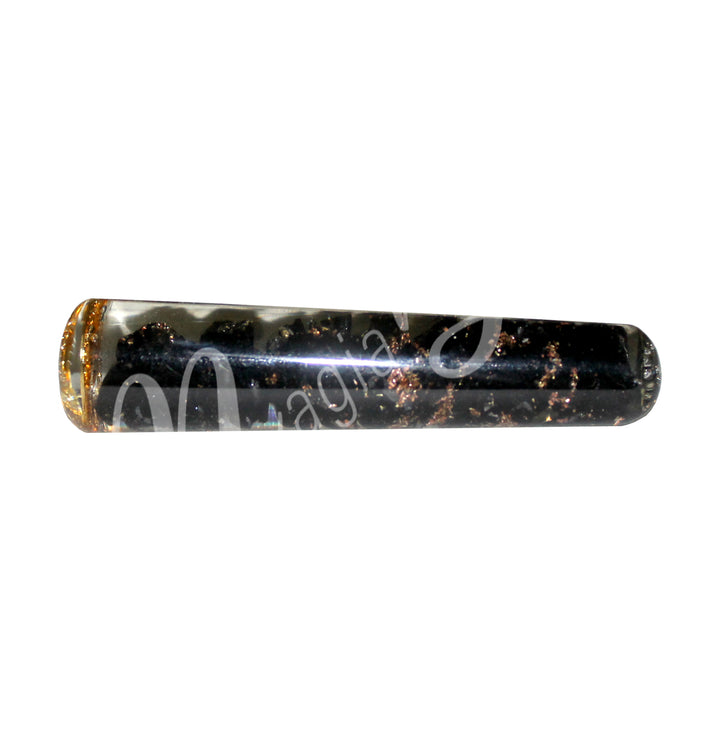 Polished black tourmaline massager, ideal for reflexology, acupressure, or crystal healing therapy. Seen from the side.