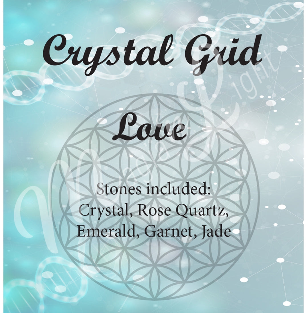 CRYSTAL GRID SET WOOD PLAQUE & STONES FOR LOVE 6″DIA