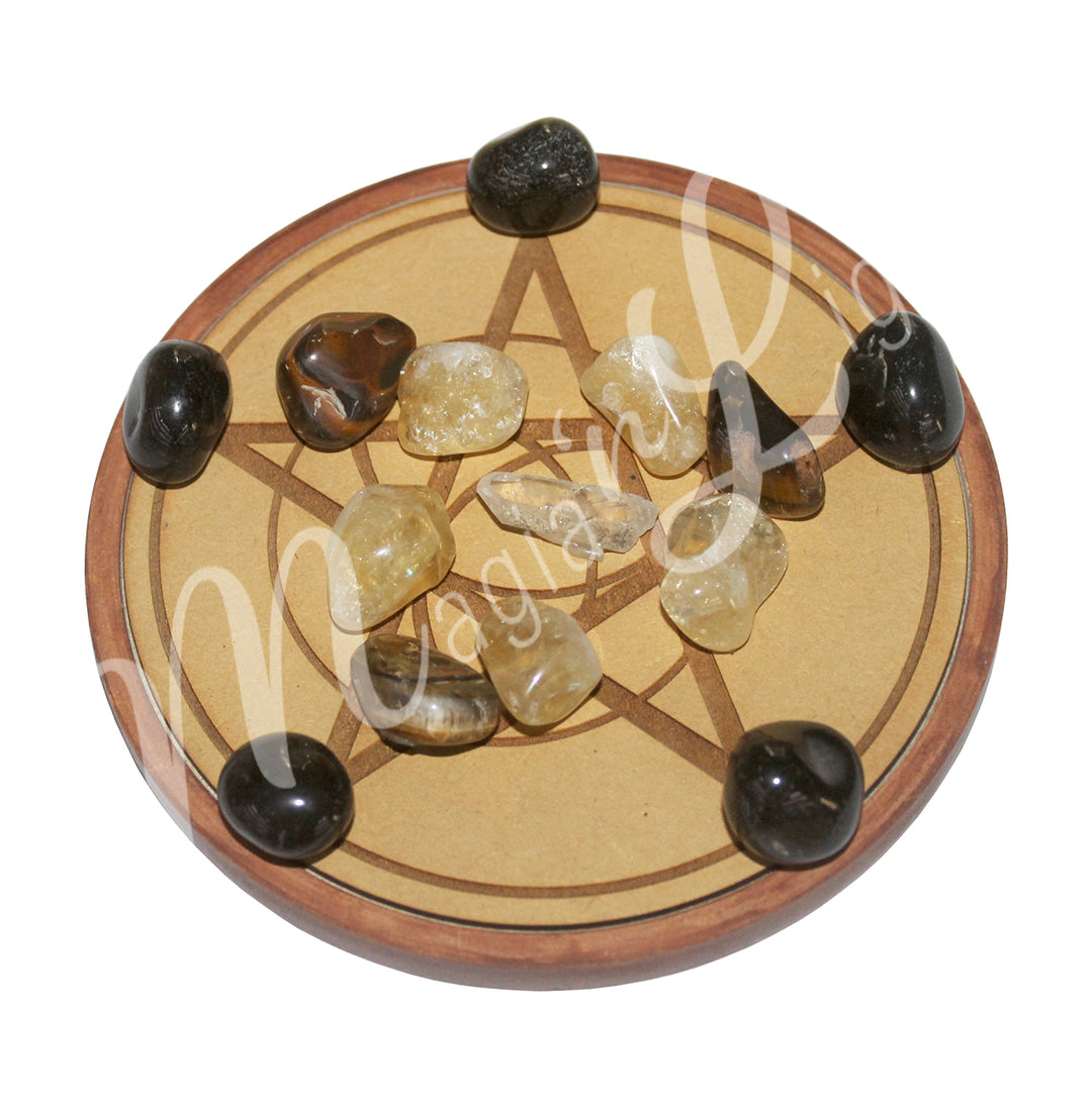 CRYSTAL GRID SET WOOD PLAQUE & STONES FOR PROTECTION 6″DIA