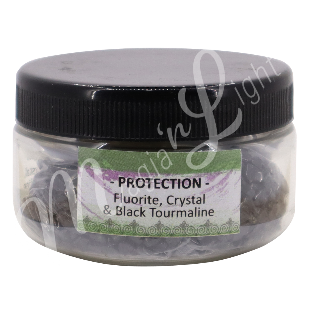 Chips Stone in Jar Fluorite, Crystal Quartz, Black Tourmaline