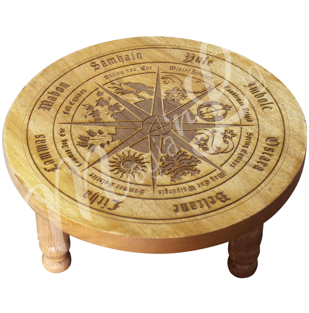 Altar Table Engraved with the Pagan holiday calendar. Seen at an angle.