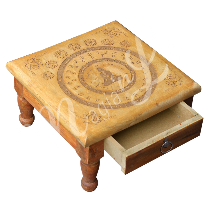 Altar Table Engraved with Pendulum Board. Seen at an angle, with an open drawer.