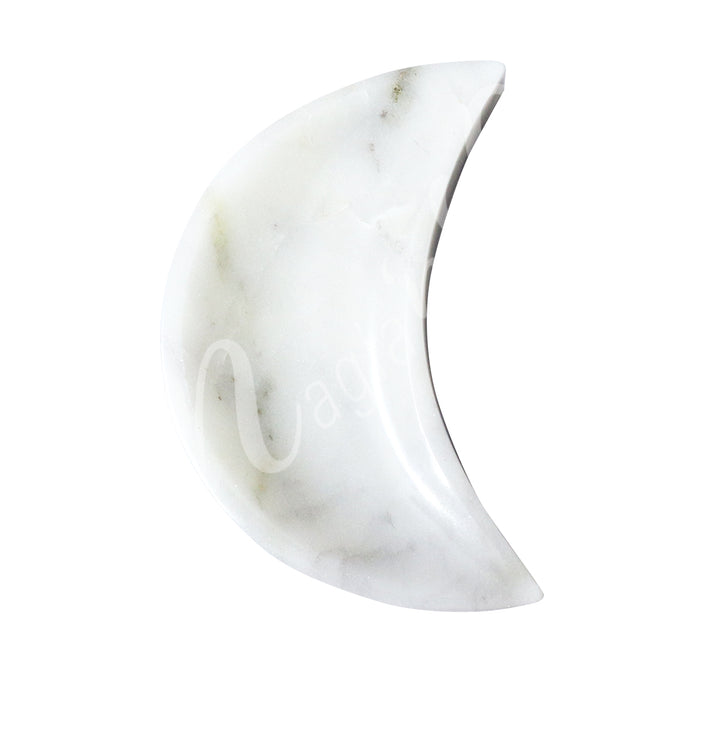 A Polished white Soapstone crescent moon-shaped bowl viewed from above, showing its curved form and pointed tips.