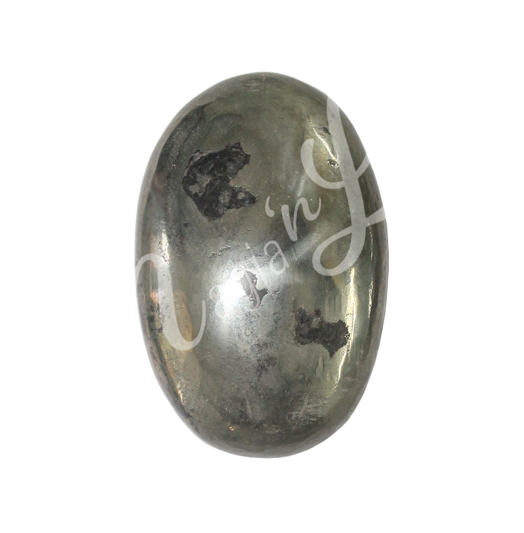 Close-up of a polished oval palm stone made of Pyrite with black Magnetite.
