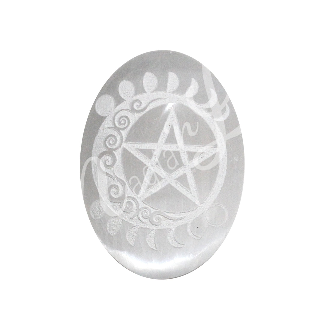 Polished Selenite palm stone engraved with a silver glitter design featuring a central pentagram inside a circle, surrounded by crescent moon phases in a symmetrical arrangement.