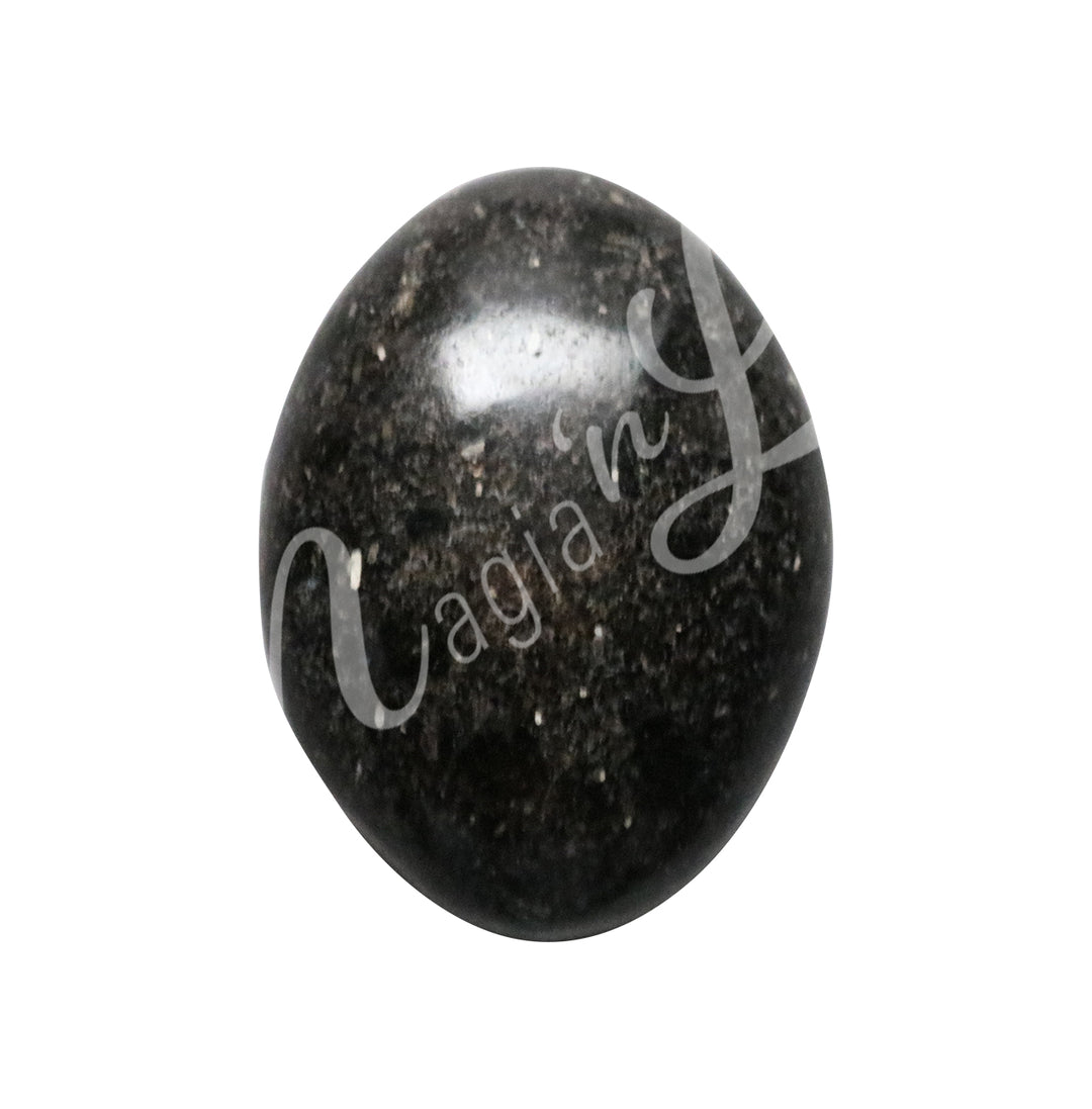 Close-up of a polished oval palm stone made of Green Coppernite.
