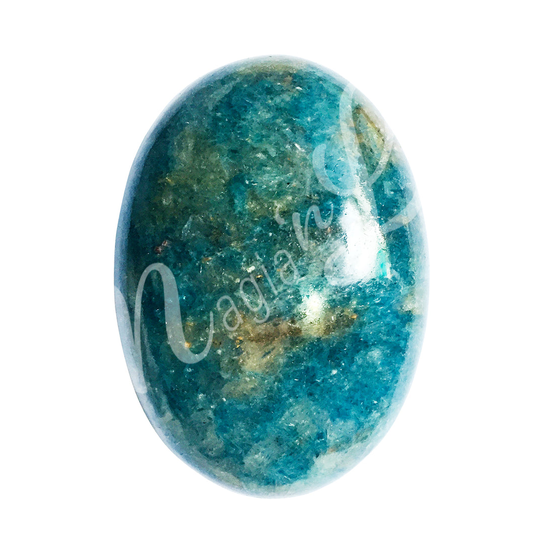 Close-up of a polished oval palm stone made of Blue & Green Kyanite.