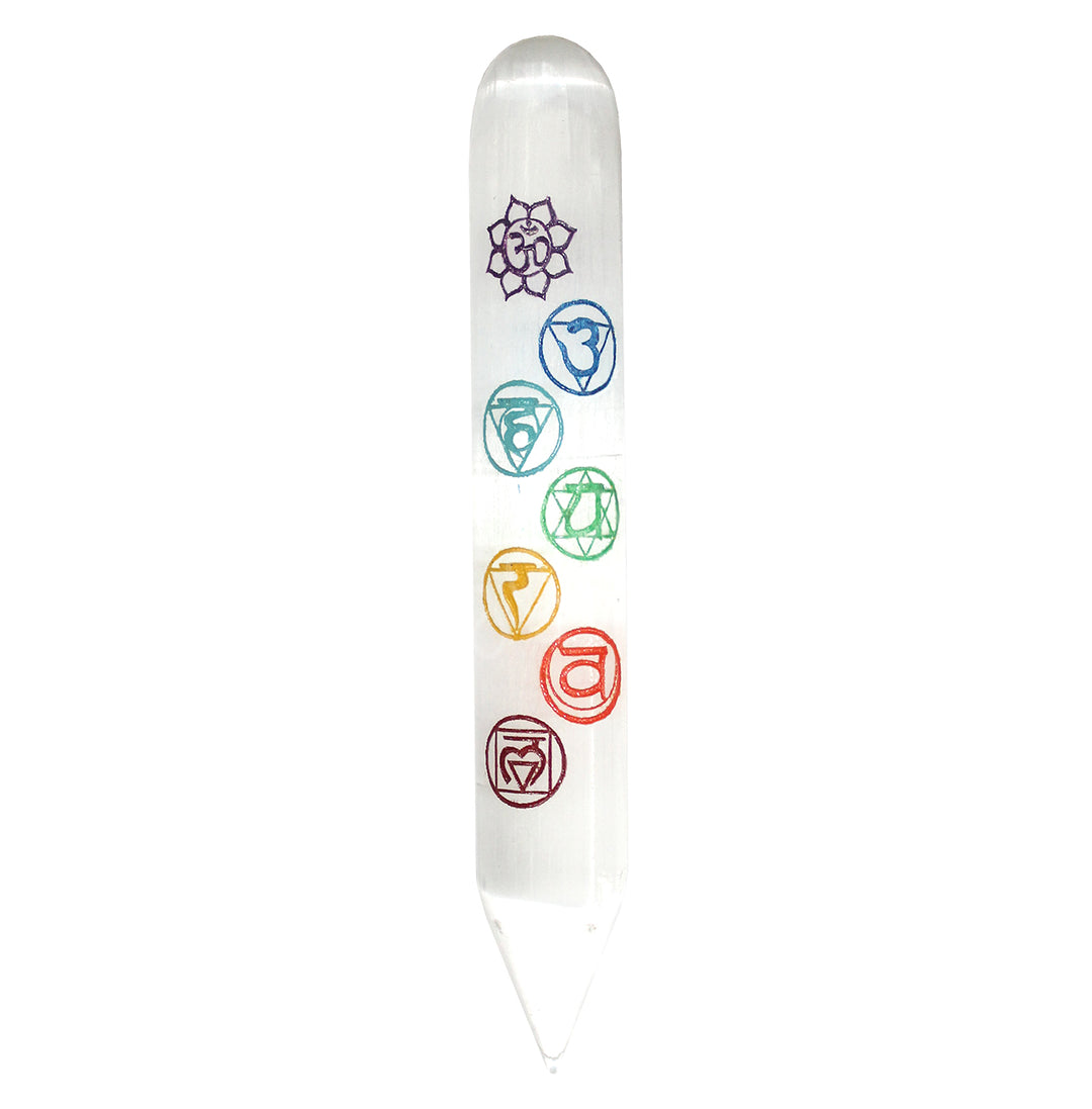 Polished selenite crystal massager with a pointed tip, ideal for energy healing, massage, or crystal therapy. Chakra design on the massager.