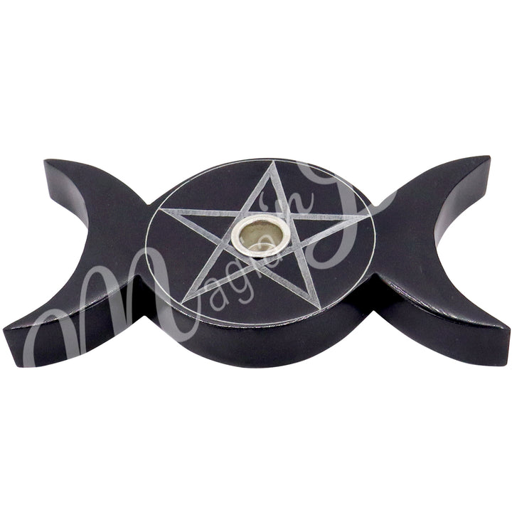 Mini Candle Holder Black Soapstone Triple Moon & Pentacle 6″