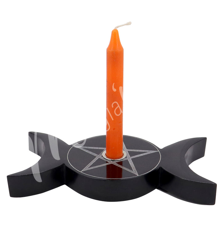 Mini Candle Holder Black Soapstone Triple Moon & Pentacle 6″