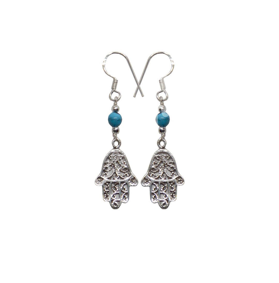 Sterling Silver Earrings Hand of Fatima Turquoise 1.75″