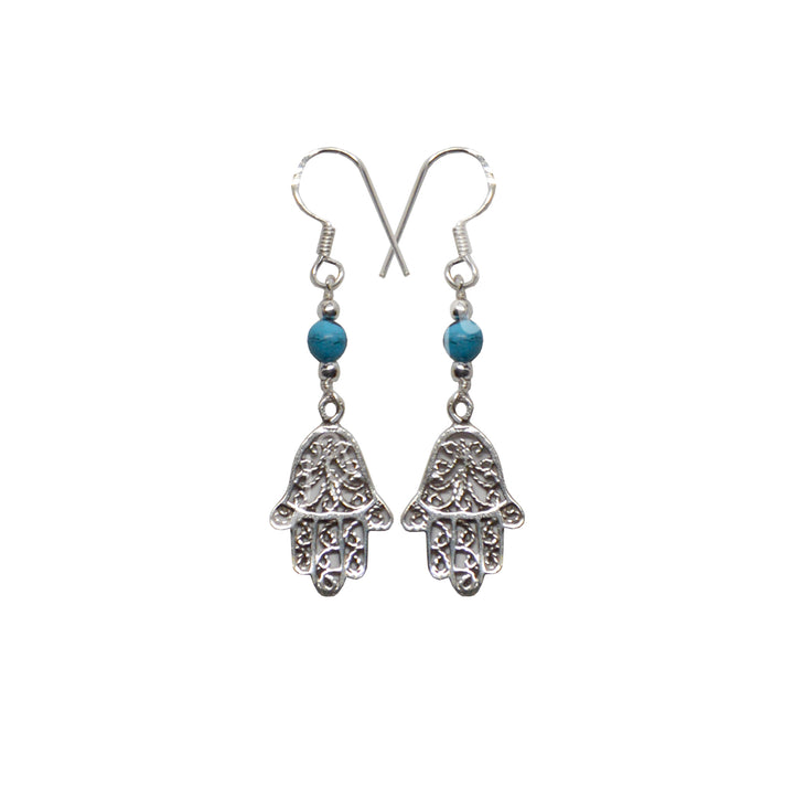 Sterling Silver Earrings Hand of Fatima Turquoise 1.75″