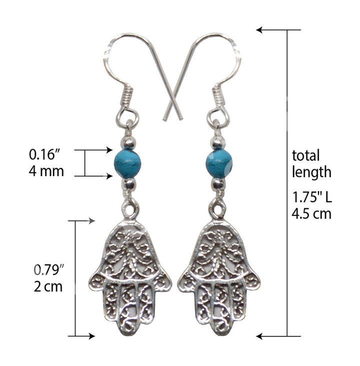 Sterling Silver Earrings Hand of Fatima Turquoise 1.75″