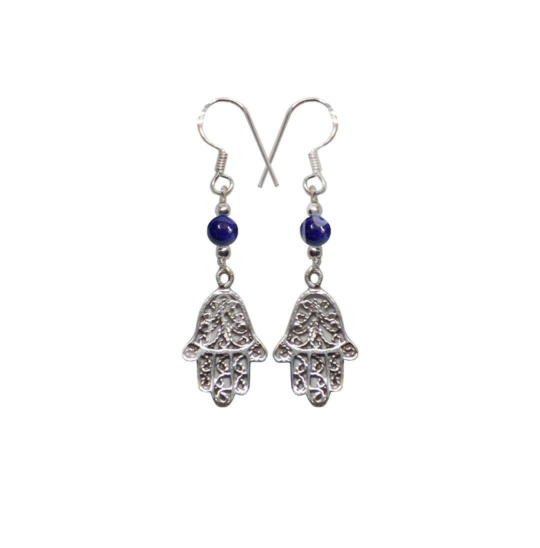 Sterling Silver Earrings Hand of Fatima Lapis Lazuli 1.75″