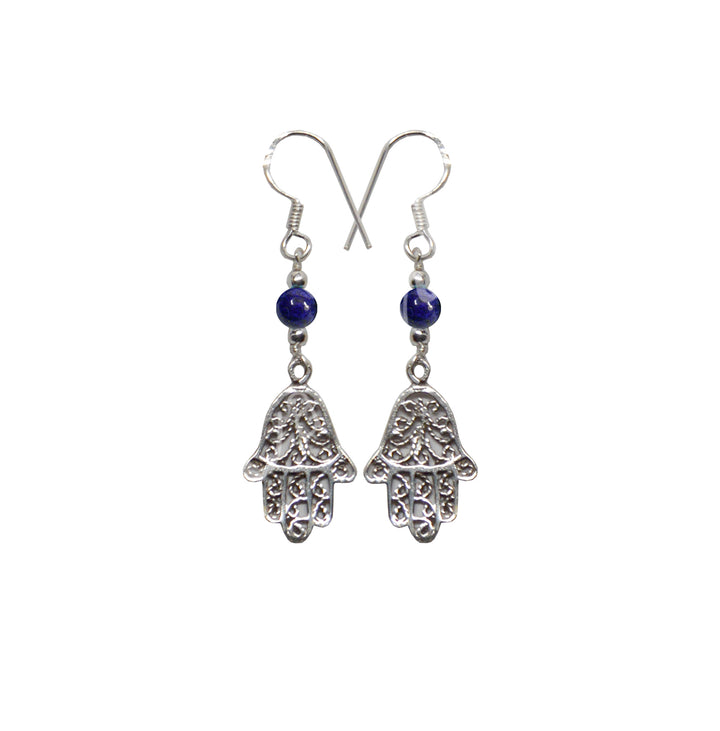 Sterling Silver Earrings Hand of Fatima Lapis Lazuli 1.75″