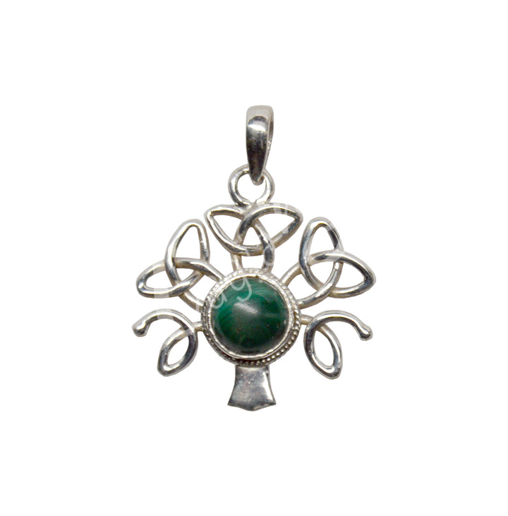 Sterling Silver Pendant Triquetra Tree Malachite 1.5"