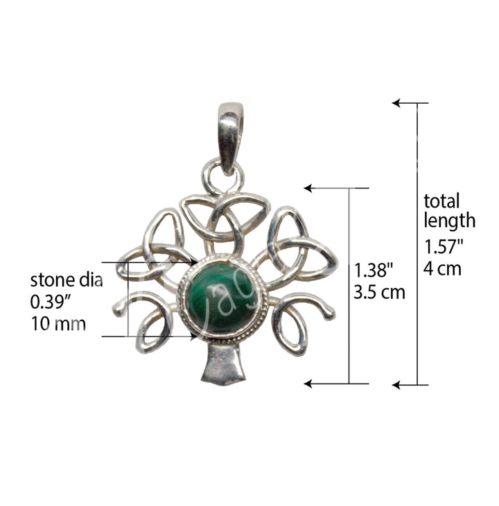 Sterling Silver Pendant Triquetra Tree Malachite 1.5"